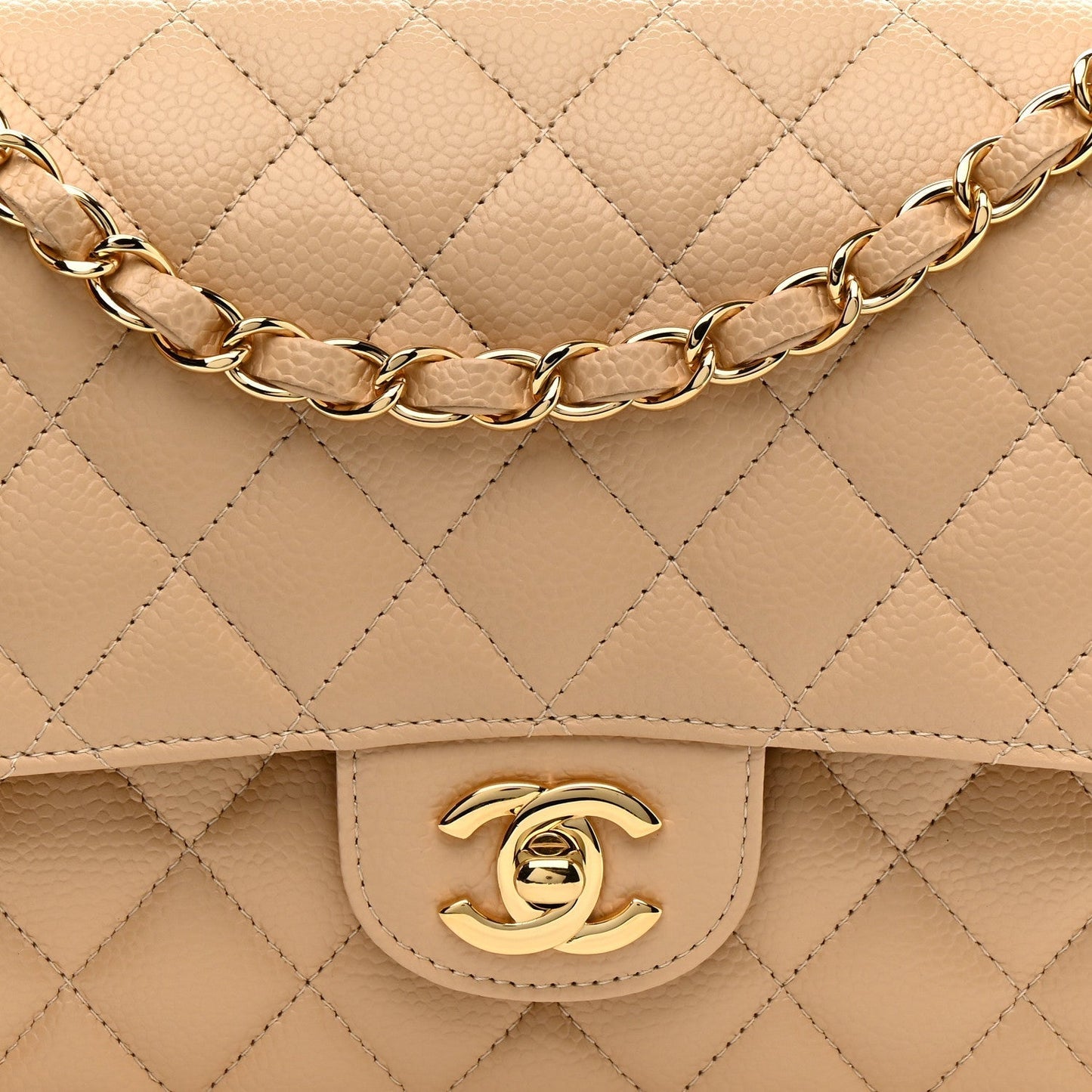 Caviar Quilted Medium Double Flap Beige