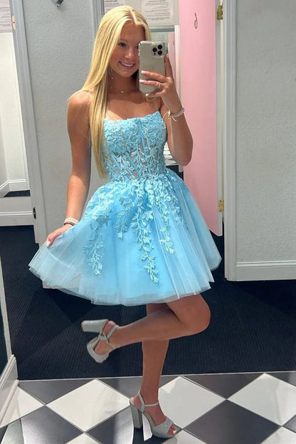 Hot Pink A-Line Tulle Lace Homecoming Dress with Appliques