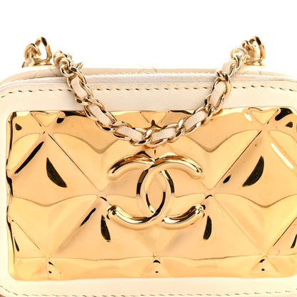 Lambskin Quilted Golden Plate Clutch With Chain White