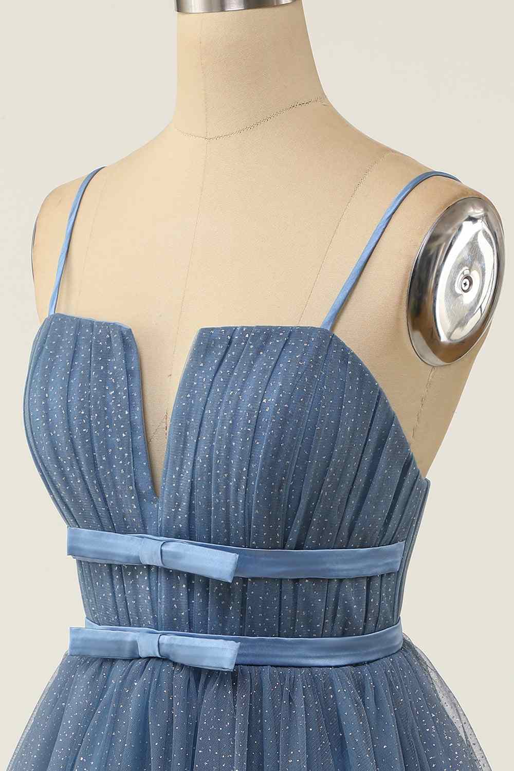 Dusty Blue A-line V Neck Pleated Double Bow Tie Sash Mini Homecoming Dress