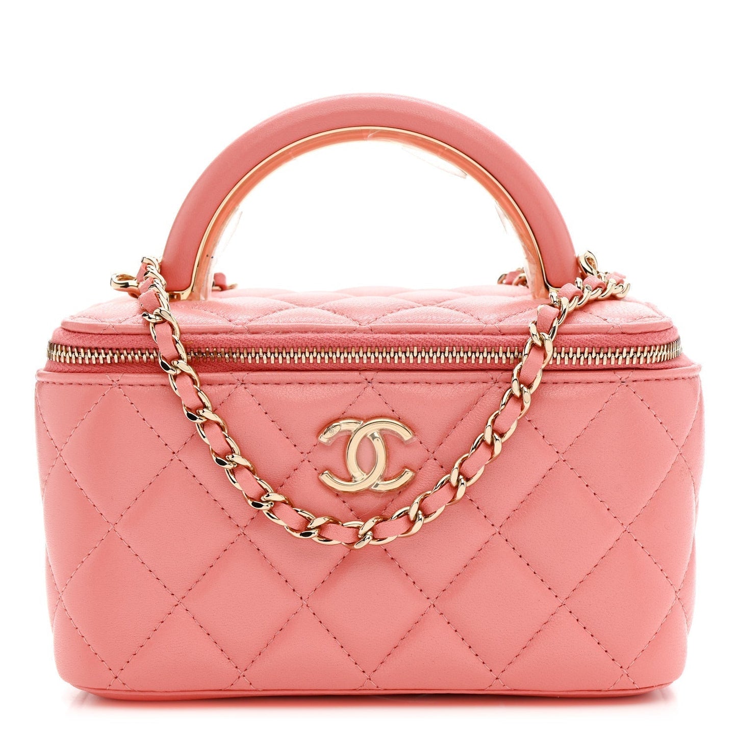 Lambskin Quilted Small Charming Top Handle Vanity Case With Chain Pink