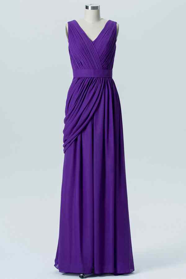 Regency A-line V Neck Chiffon Pleated Ruffles Long Bridesmaid Dress