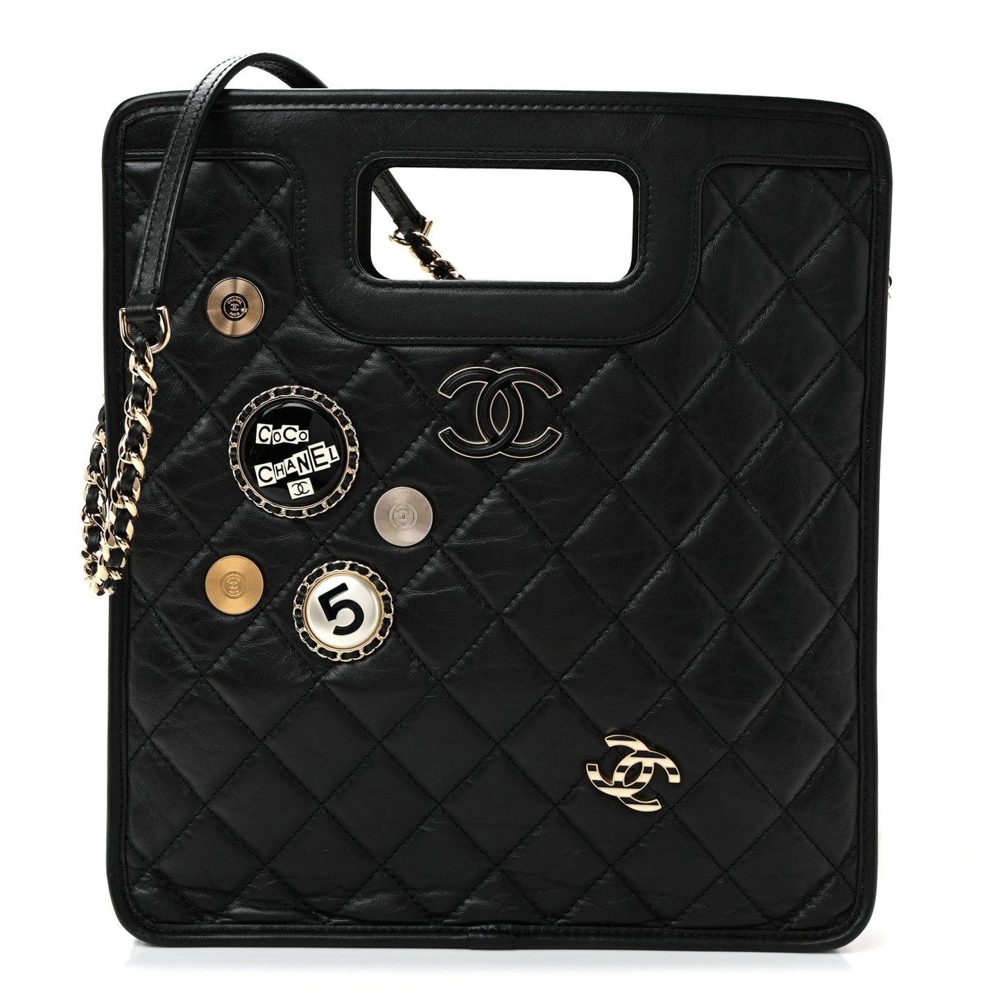 Aged Calfskin Small Charms Shopping Bag Black