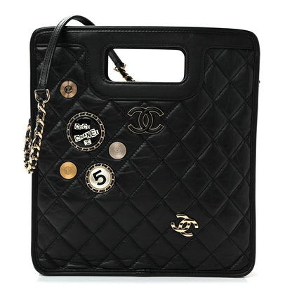 Aged Calfskin Small Charms Shopping Bag Black