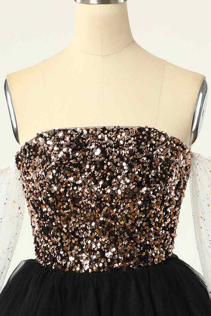 Black Off-the-Shoulder A-line Long Sleeves Sequins Mini Homecoming Dress