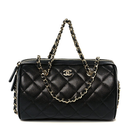 Caviar Quilted Barrel Clutch With Chain Black