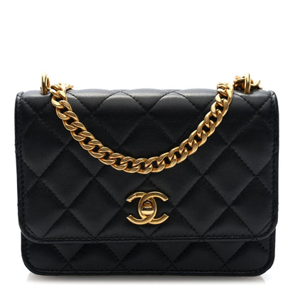 Lambskin Quilted Mini Sweet Camellia Wallet on Chain WOC Black