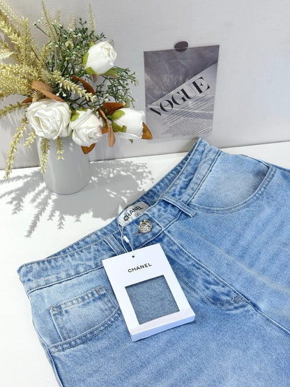 CC 26 Sequined Wide-leg Jeans Light Blue Denim Fabric