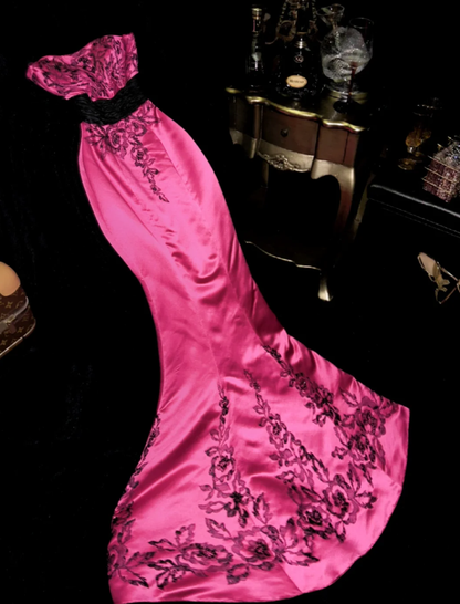 Charming Hot Pink strapless Satin Mermaid Long Wedding Guest Dress Formal Evening Dress SP1427