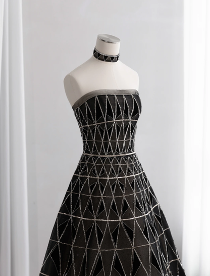 Gorgeous Black Tulle Sequin Beaded Long Birthday Party Dress Strapless Prom Dress SP1517