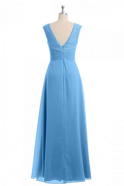 Blue A-line V Neckline Chiffon Lace Long Bridesmaid Dress
