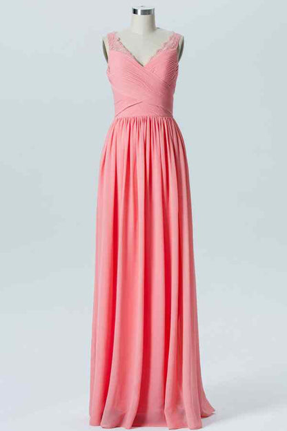 Coral A-line V Neck Chiffon Pleated Lace Straps Long Bridesmaid Dress