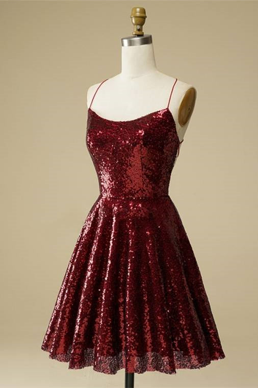 Burgundy A-line Lace-Up Back Sequins Mini Homecoming Dress