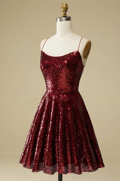Burgundy A-line Lace-Up Back Sequins Mini Homecoming Dress