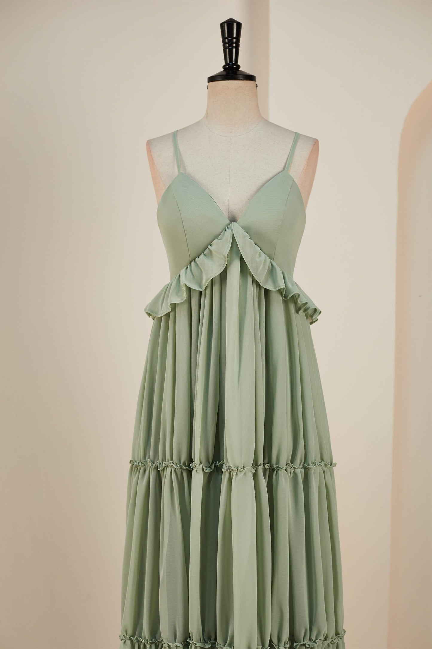 Dusty Sage Lace-Up Deep V Neck Ruffled Empire Long Bridesmaid Dress