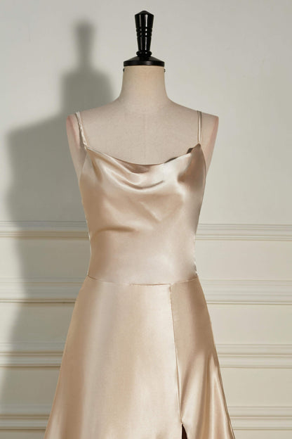 Champagne Cowl Neck Straps A-line Satin Long Bridesmaid Dress with Slit