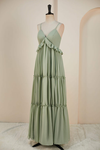 Dusty Sage Lace-Up Deep V Neck Ruffled Empire Long Bridesmaid Dress