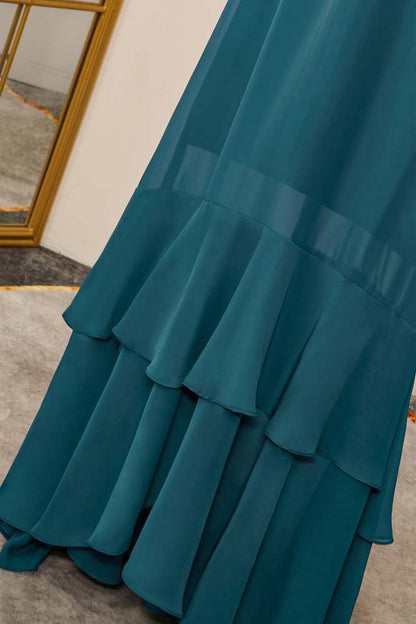 Teal Flaunt Sleeves Ruffled Layers A-line Long Bridesmaid Dress