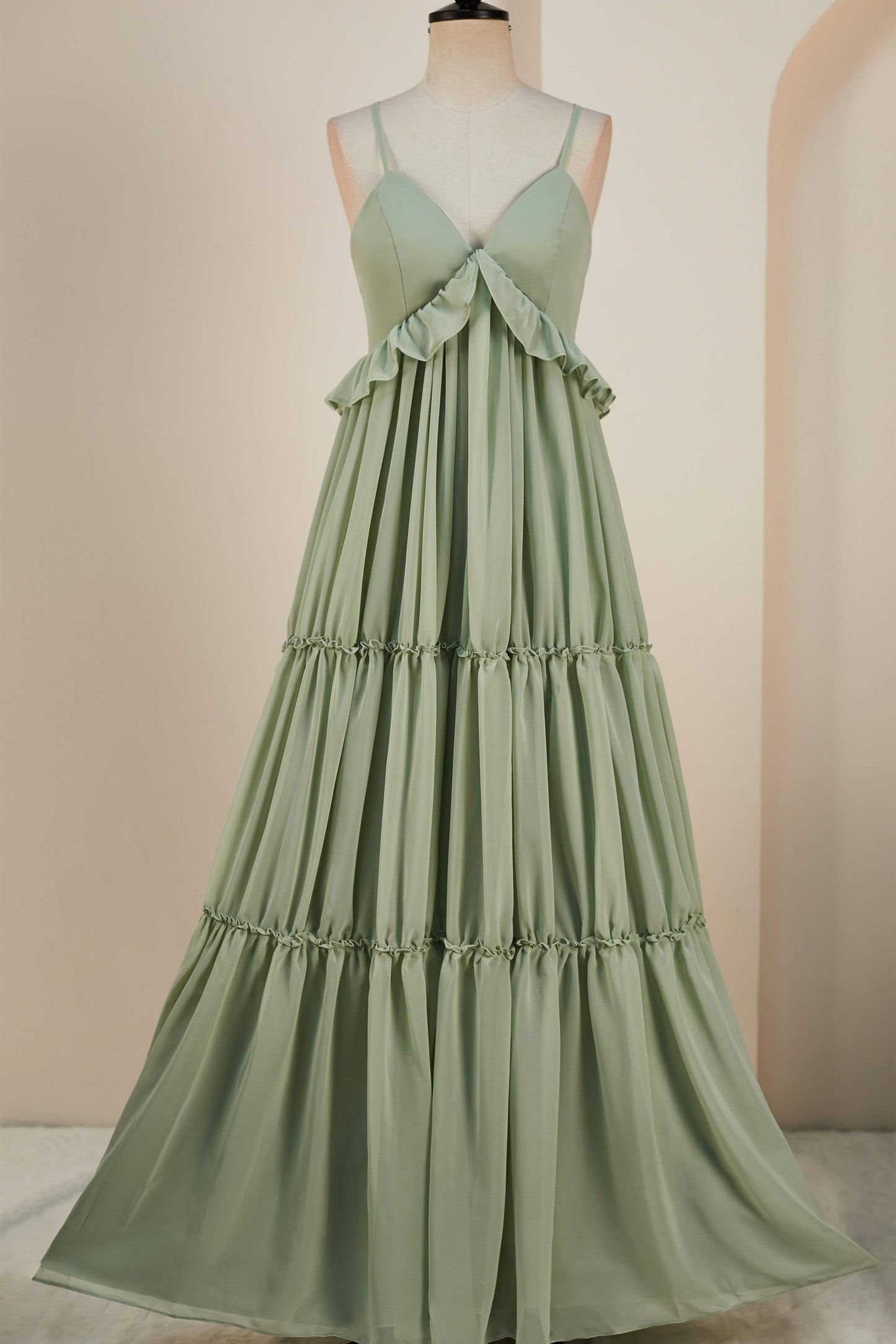 Dusty Sage Lace-Up Deep V Neck Ruffled Empire Long Bridesmaid Dress