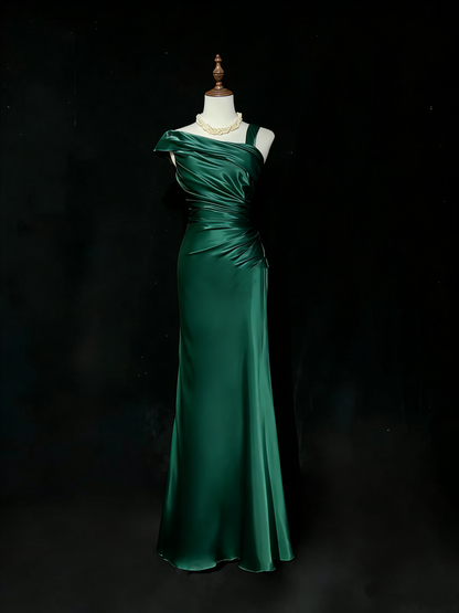 Vintage Champagne Satin Pleated Mermaid Long Birthday Prom Dress Evening Gown SP1962