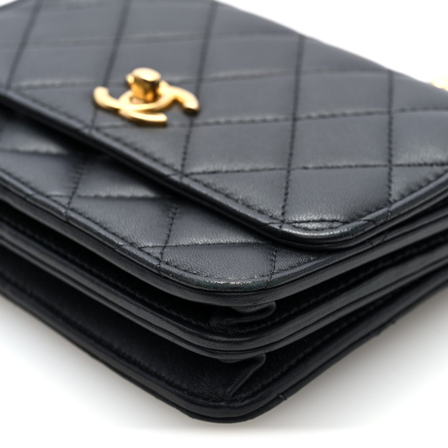 Lambskin Quilted Mini Sweet Camellia Wallet on Chain WOC Black