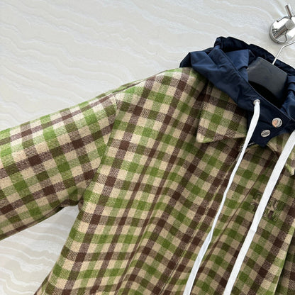 Miumiu Faux Two-Piece Detachable Hood Plaid Jacket Green Polyester