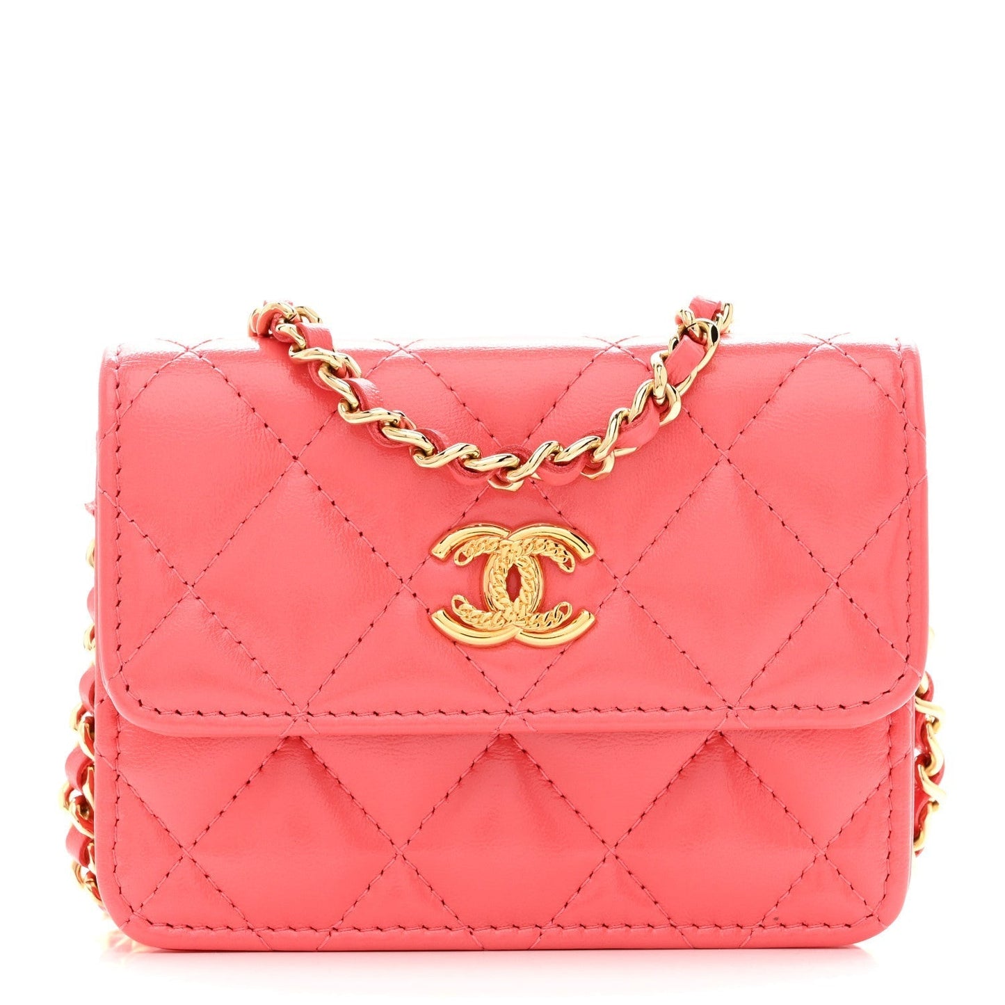 Shiny Lambskin Quilted Card Holder On Chain Pink