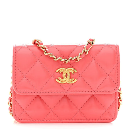 Shiny Lambskin Quilted Card Holder On Chain Pink
