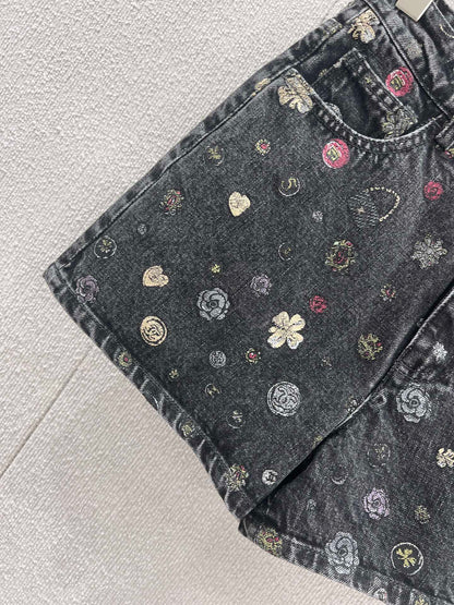 CC 25 Flower Jean Shorts Dark Gray Cotton