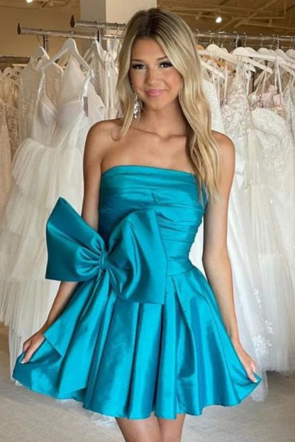 Cute A-Line Strapless Satin Short Homecoming Dresses with Bownot