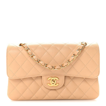 Caviar Quilted Small Double Flap Beige