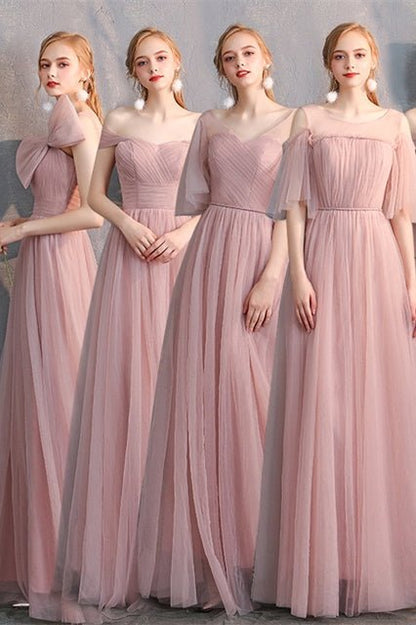 6 Style Blush Pink Tulle Long Mismatch Bridesmaid Dresses