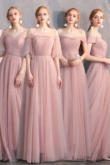 6 Style Blush Pink Tulle Long Mismatch Bridesmaid Dresses