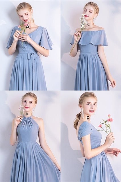 6 Styles Blue Chiffon Long Bridesmaid Dresses