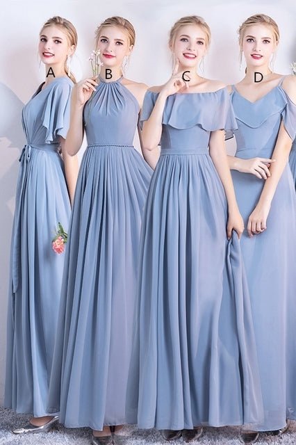 6 Styles Blue Chiffon Long Bridesmaid Dresses