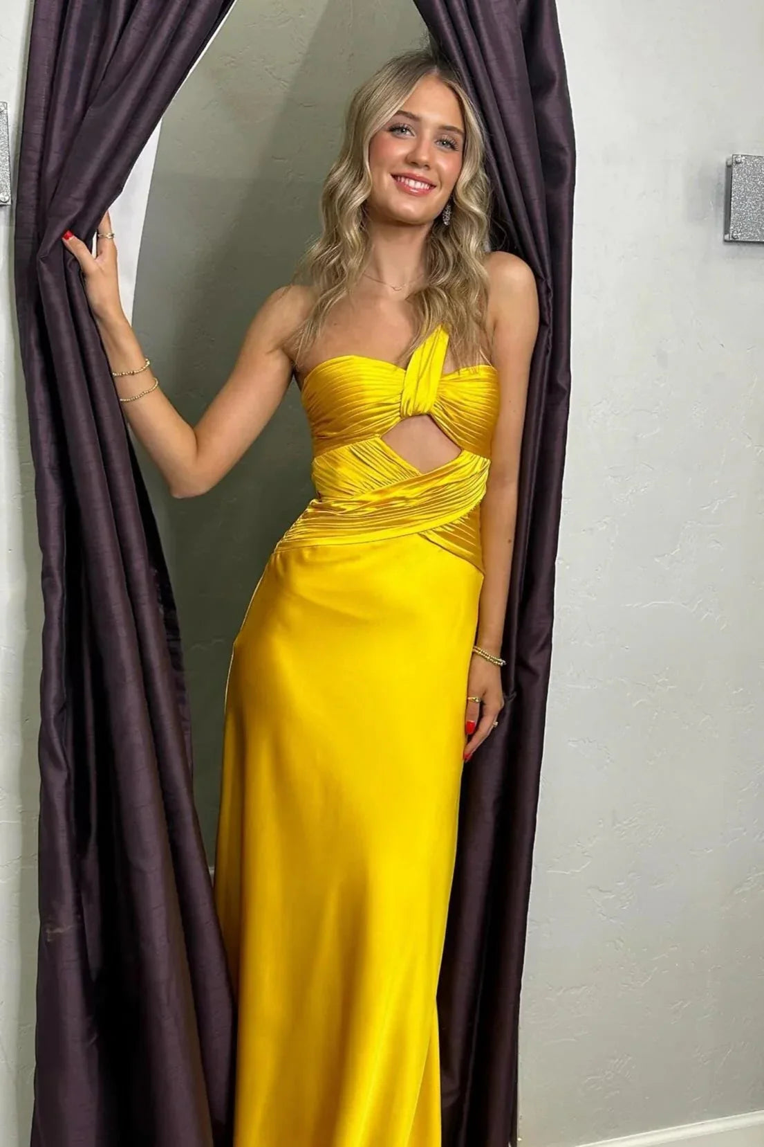 One Shoulder Sleeveless Empire Satin Mermaid Prom Dress