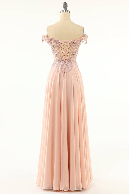 Off-Shoulder A-Line Empire Lace And Chiffon Prom Party Dress