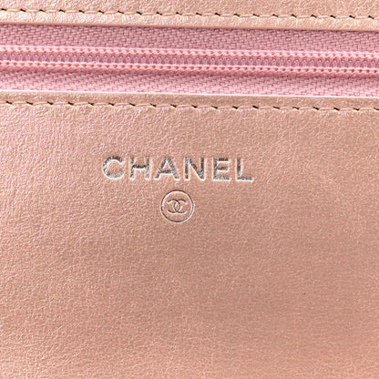 Iridescent Calfskin Quilted Wallet On Chain WOC Pink