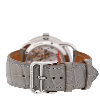 Stainless Steel Alligator Diamond Bezel Mother of Pearl 38mm Arceau Le Temps Voyageur Automatic Watch Gris Perle