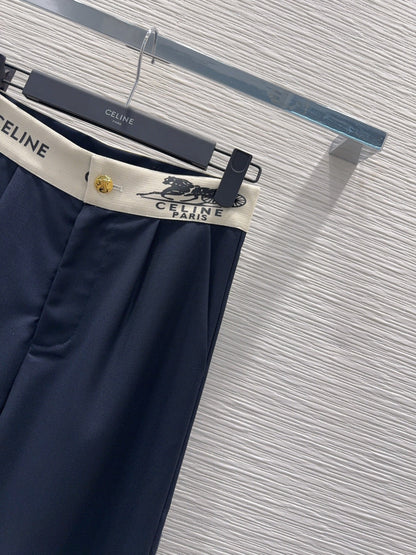 Celine 26S Wide-leg Trousers Celine Belt Navy Blue Polyester Viscose 351295