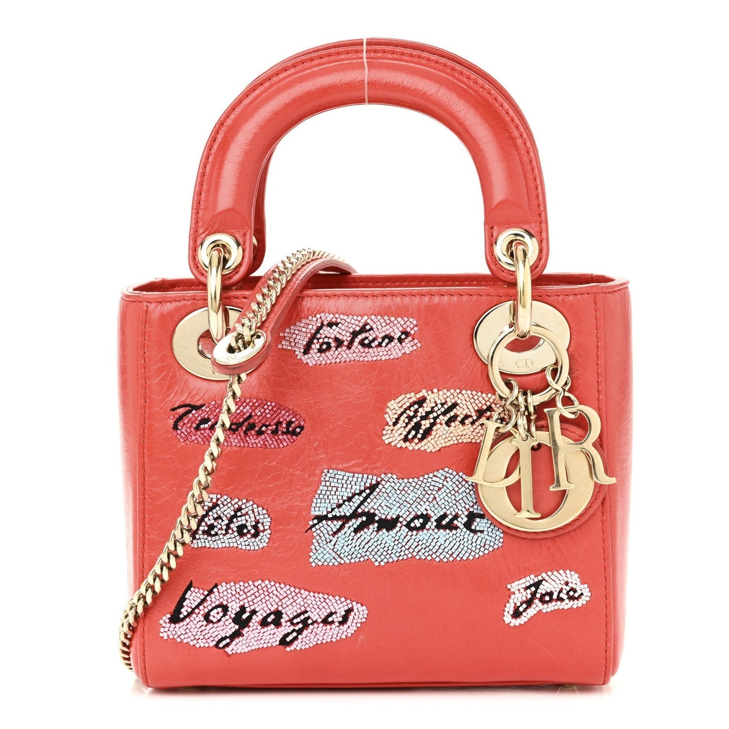 Calfskin Beaded Mini Lady Dior Rouge Multicolor