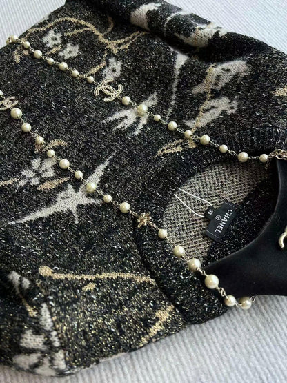 CC Sweater in Navy Blue Gold Wool and Metal Film