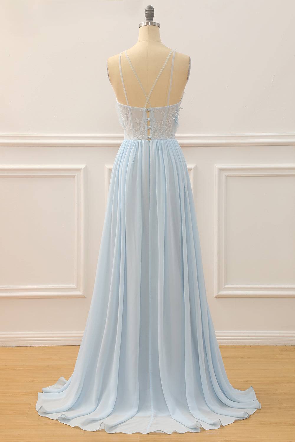 Light Blue High Neck Sleeveless A-Line Sheer Empire Prom Dress
