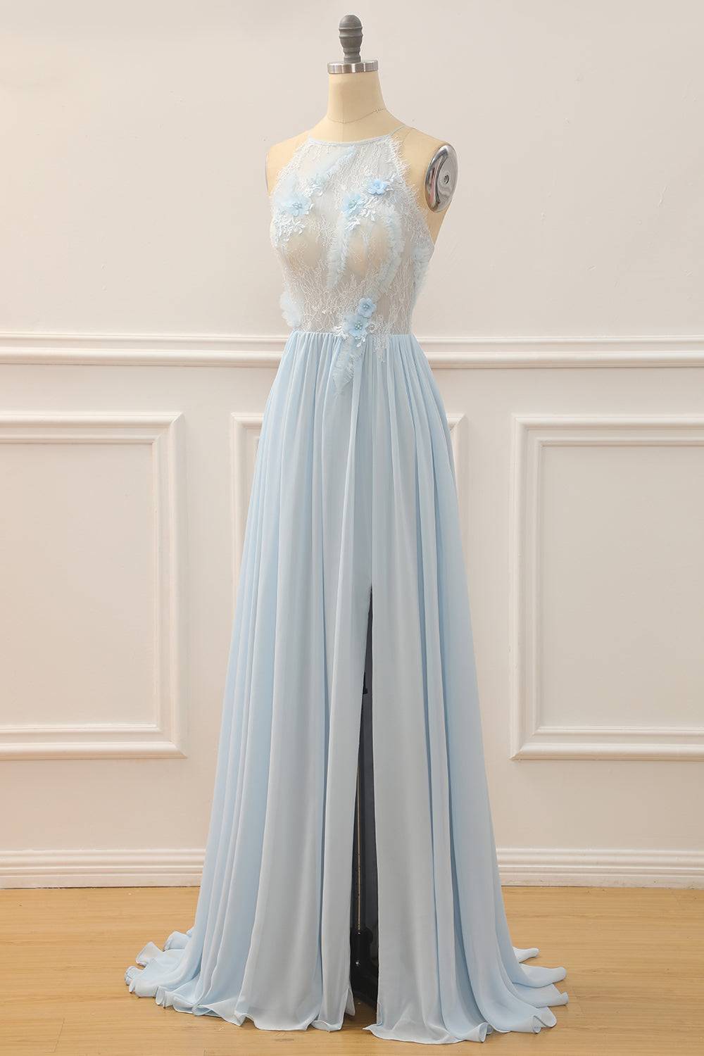 Light Blue High Neck Sleeveless A-Line Sheer Empire Prom Dress