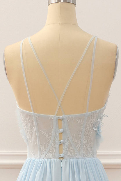 Light Blue High Neck Sleeveless A-Line Sheer Empire Prom Dress
