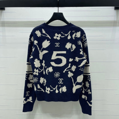CC Double C Floral Jacquard Long-Sleeved Sweater Navy Blue Cashemere 344097