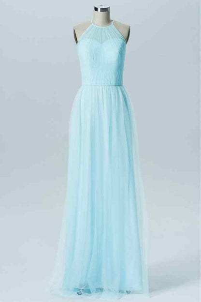 Light Blue A-line Illusion Halter Neck Tulle Long Bridesmaid Dress