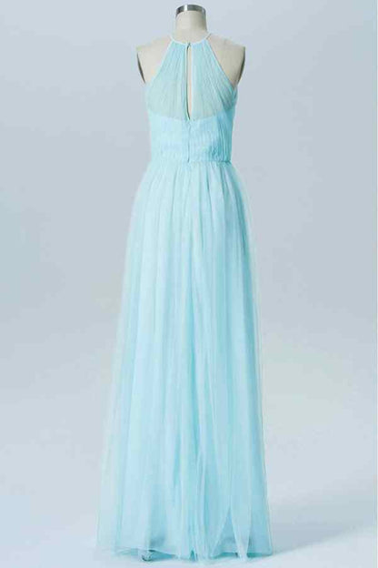 Light Blue A-line Illusion Halter Neck Tulle Long Bridesmaid Dress