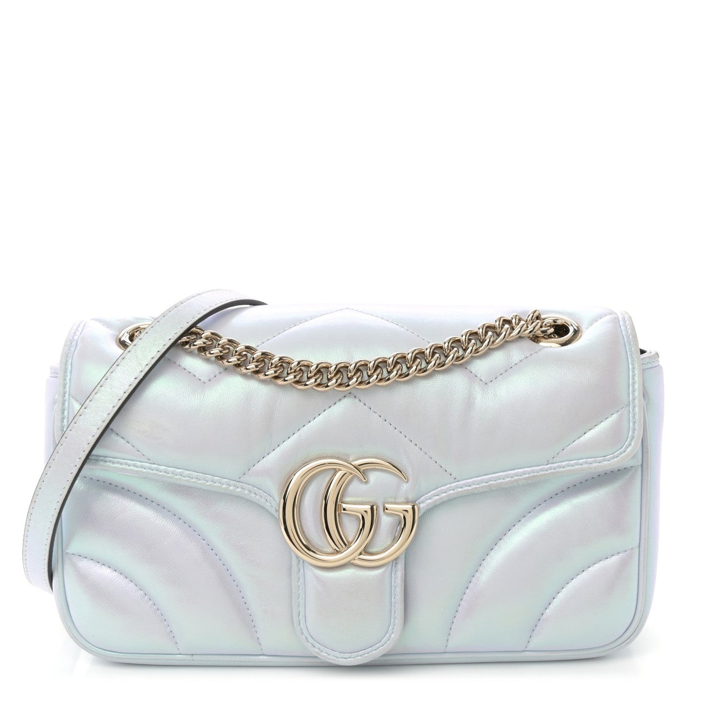 Iridescent Nappa Chevron Matelasse Small GG Marmont Shoulder Bag Iridescent Snow Light Blue