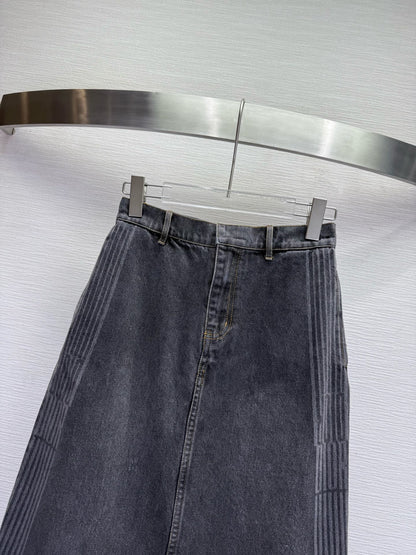 CD 25SS Laser Printed Stripe Pattern Denim Skirt Dark Gray Cotton 306522